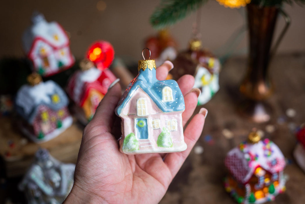 Christmas glass house ornaments, Rustic Xmas tree hanging