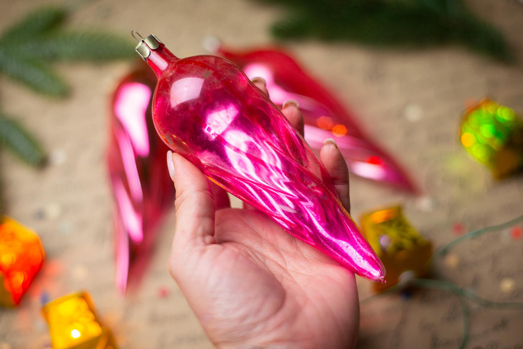 Pink Glass Icicle Christmas Ornaments, Vintage Set of 3