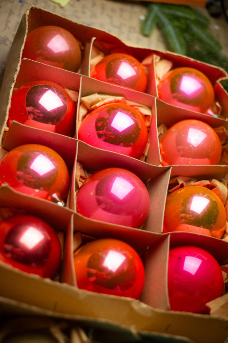 Vintage Red Glass Christmas Ball Ornaments Set of 12, Original Soviet Box