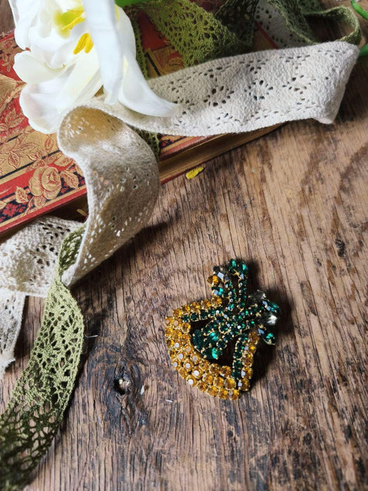 Vintage Green and Yellow Rhinestone Brooch 1970s, Bold Crystal Statement Pin