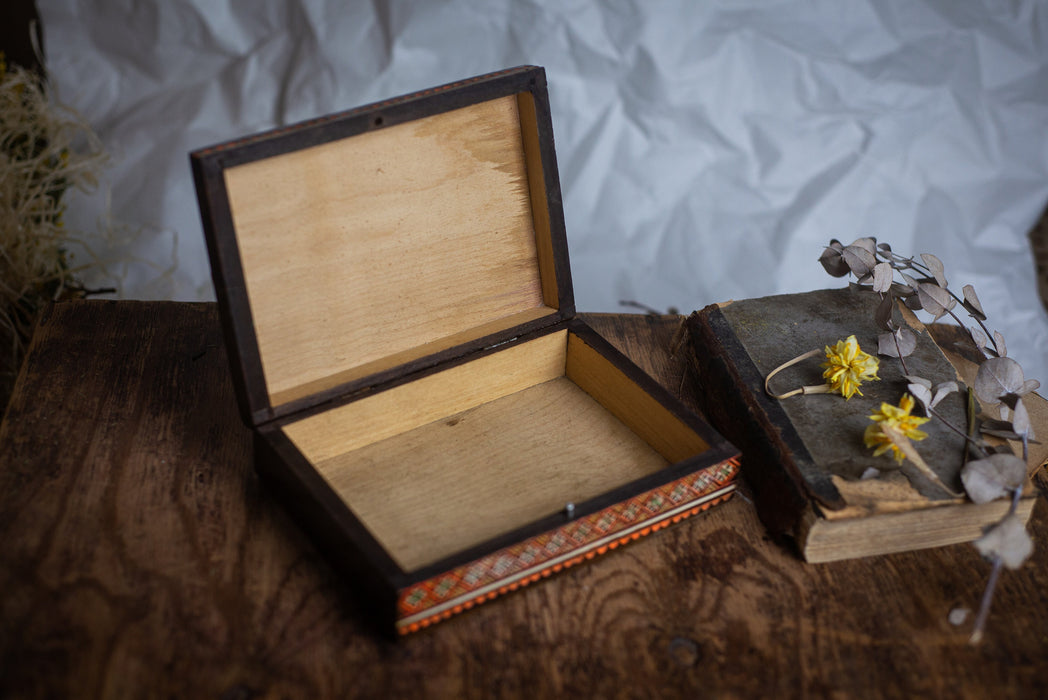 Vintage Wooden Jewelry Box, 1970s Ukrainian Mosaic Box