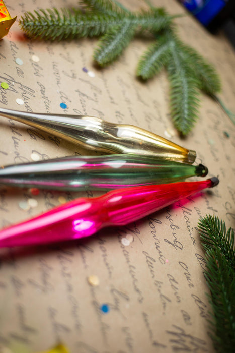 Long Glass Icicle Christmas Ornaments, Vintage Set of 3