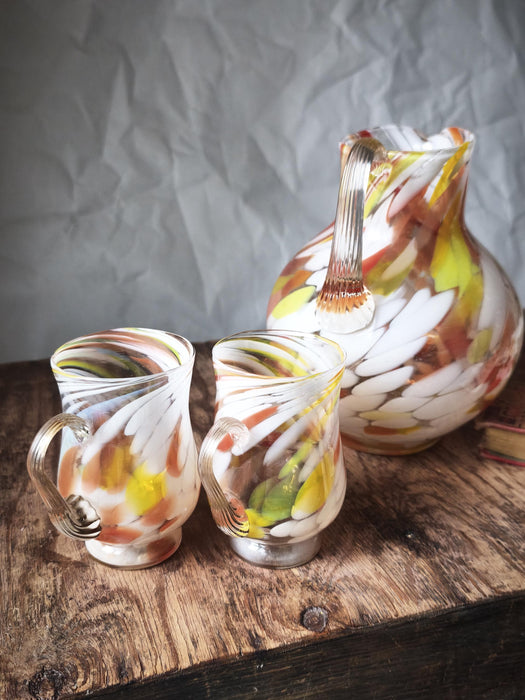 Vintage Murano Glass Pitcher Hand-Blown 1970s With Matching Mugs