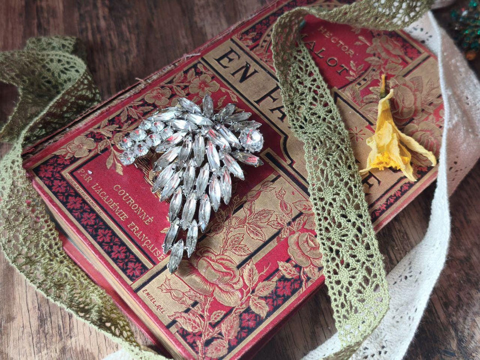 Vintage Rhinestone Brooch 1970s, Silver Tone Statement Pin with Clear Crystals