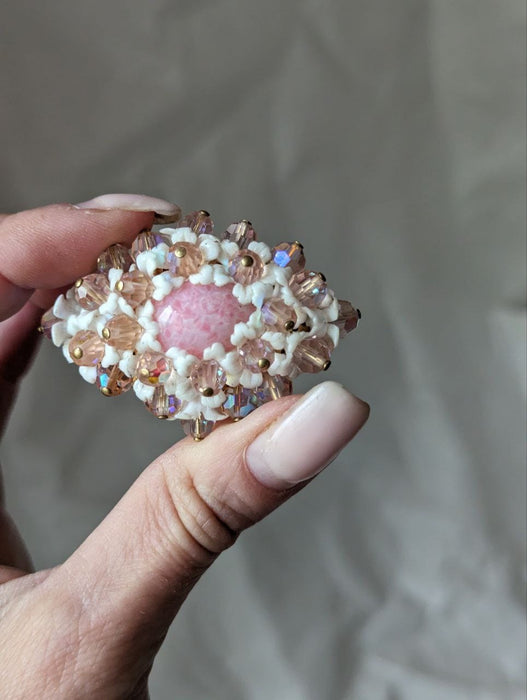 Pink flower brooch, vintage crystal lapel pin, 1970s white floral jewelry, retro old beaded brooch, Victorian shawl pin