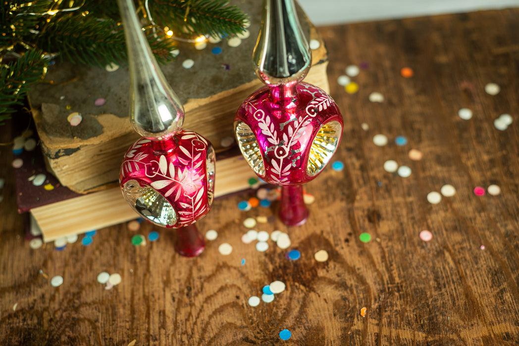 Vintage Hot Pink Glass Christmas Tree Topper with Indent