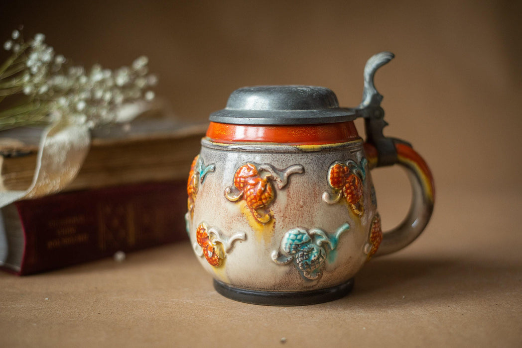 Vintage Ceramic Beer Stein with Lid Handpainted Rustic Floral Tankard