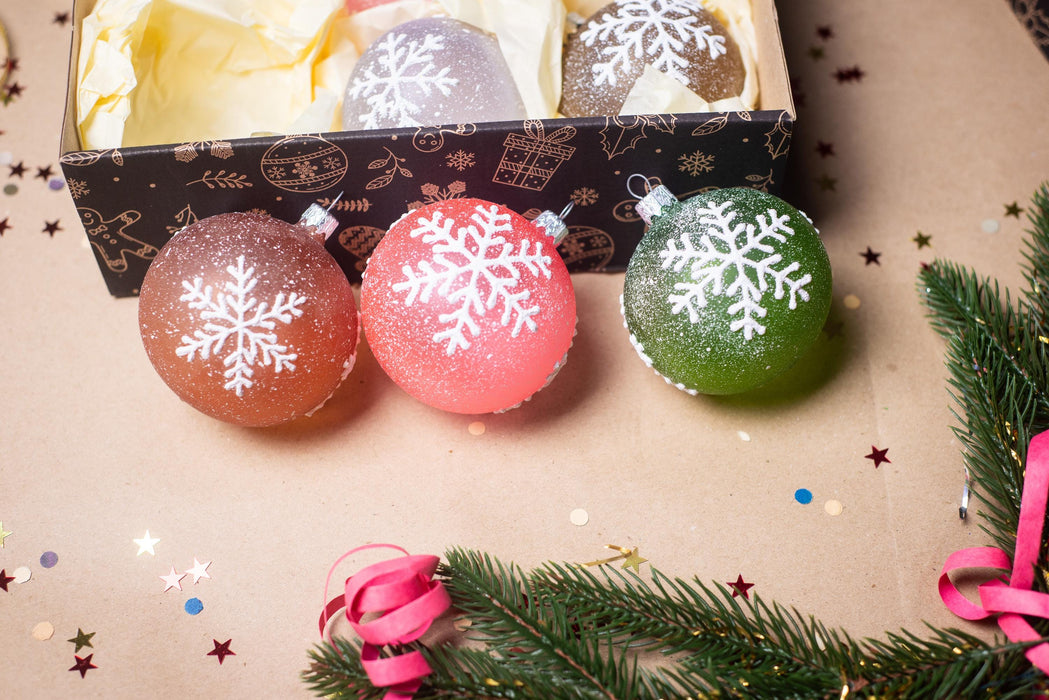 Set of 9 Glass Snowflake Ornaments, Pastel Rustic Christmas Baubles