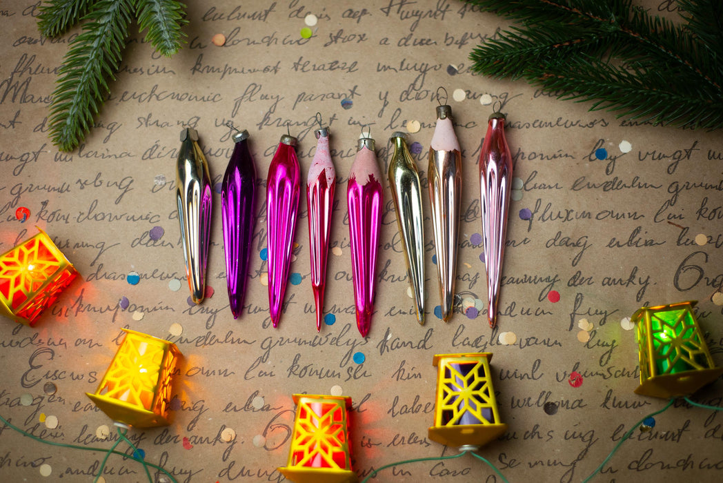 Vintage 1950s Glass Icicle Ornaments – Pink, Silver & Gold