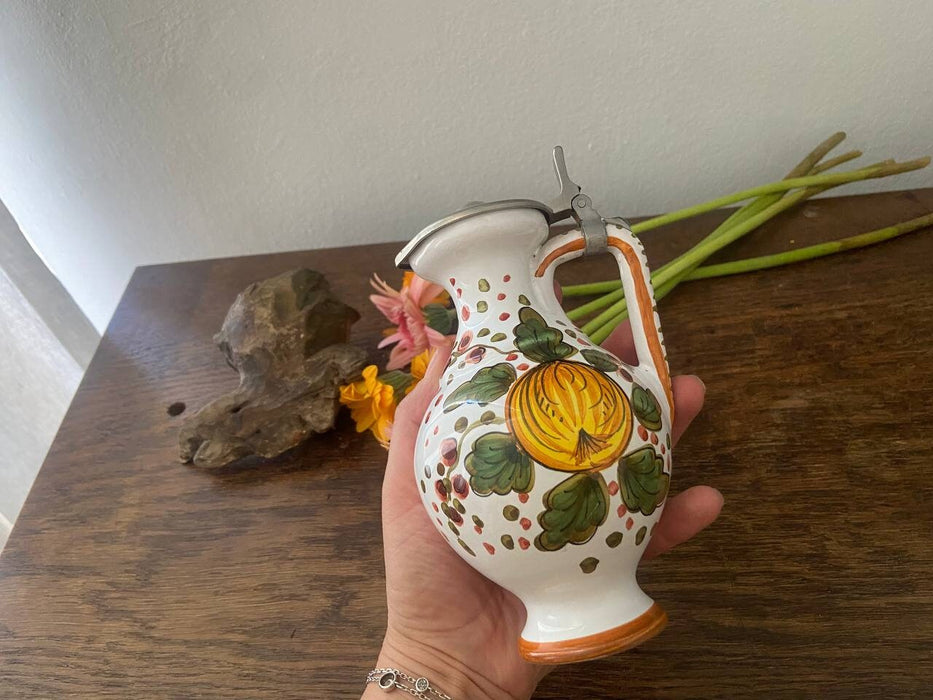 Vintage Ceramic Pitcher - Hand Painted Jug With Metal Lid | 1970s German Carafe