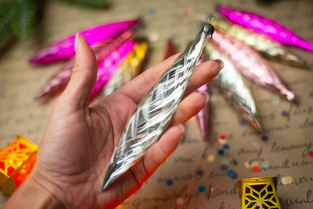 Vintage Christmas Ornaments – 1950s Pink Gold Silver Glass Icicles