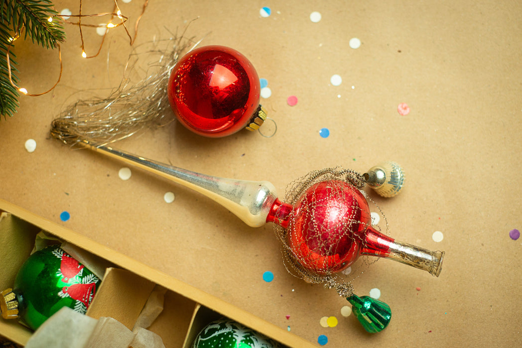 Vintage Hand Blown Glass Christmas Ornament Set: Tree Topper & Balls, German Made
