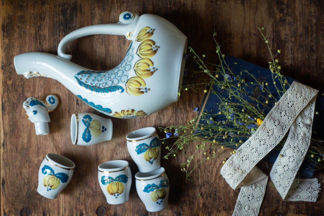 Vintage Ceramic Rooster Decanter Set, Rustic Barware, Folk Style Drink Set