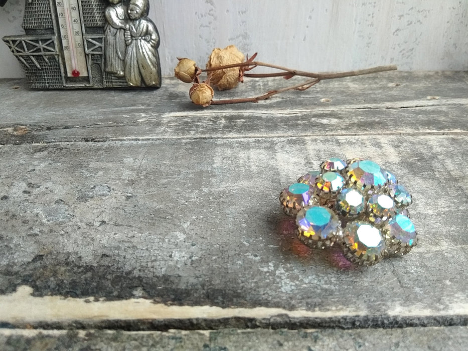 Vintage Rhinestone Flower Brooch, Round Sparkling Pin 1970s Jewelry