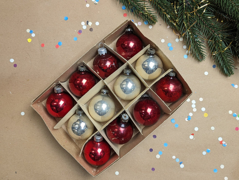 Set of 12 Vintage glass Christmas ornaments in the box, red and silver Xmas balls, Xmas tree hanging baubles