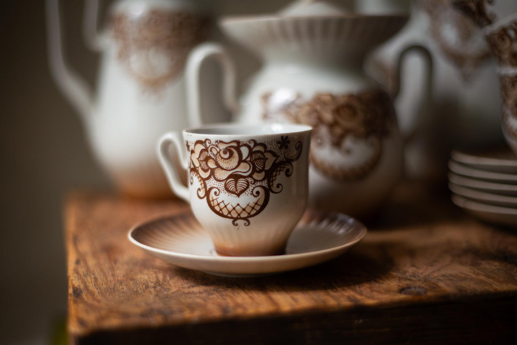 Vintage Porcelain Coffee Set, 1980s, Brown Baroque Pattern Tea Set, Full Coffee Service for 6