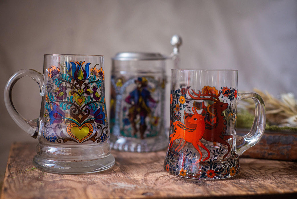 Vintage German Glass Beer Mugs Set Medieval Floral Tankards Barware