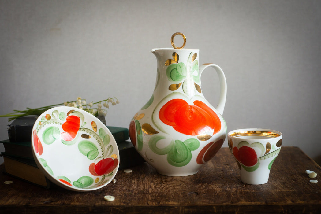 Vintage Porcelain Breakfast Set with Hand Painted Flowers, Rustic Tea Serving Trio