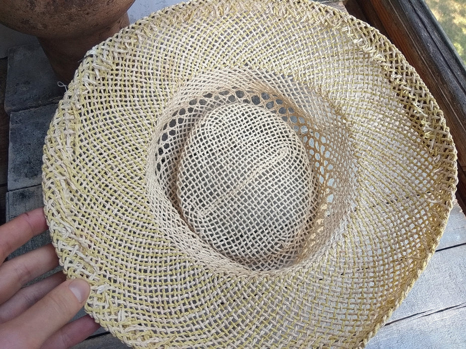Vintage 1990s Straw Sun Hat, Translucent Light Yellow Wide Brim Boho Style