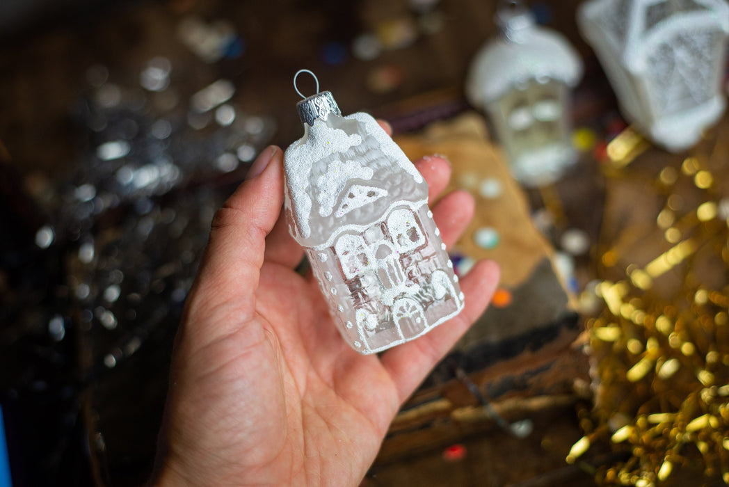 Frosted Glass House Ornament, White Winter Village