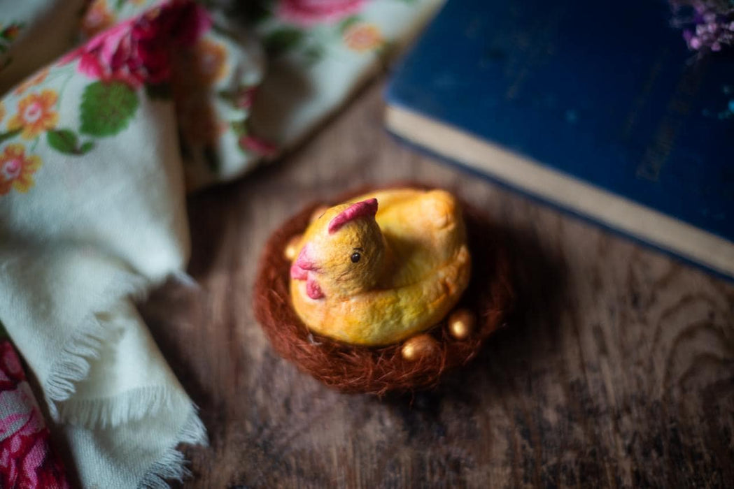 Broody Chicken Figurine – Rustic Easter Decor Paper Mache Doll With Eggs