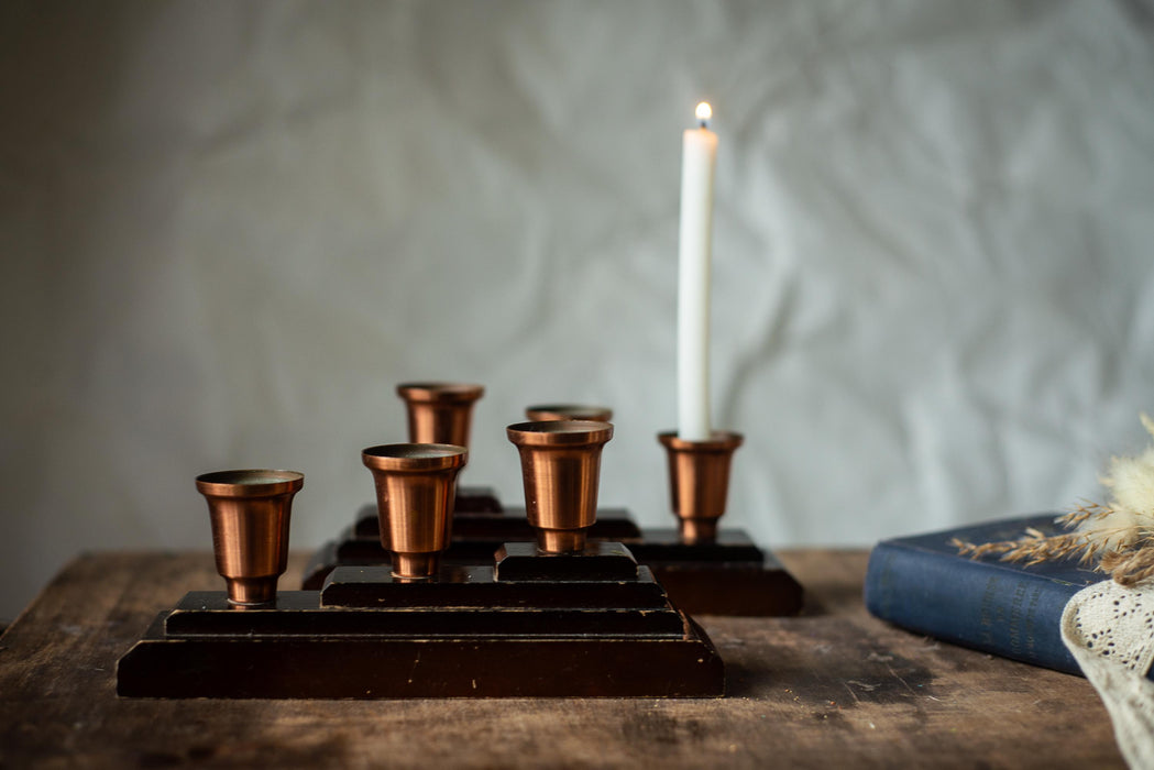 Wooden Brass Candle Holders, German Vintage Set of 2, Mid Century Candlestick Holders