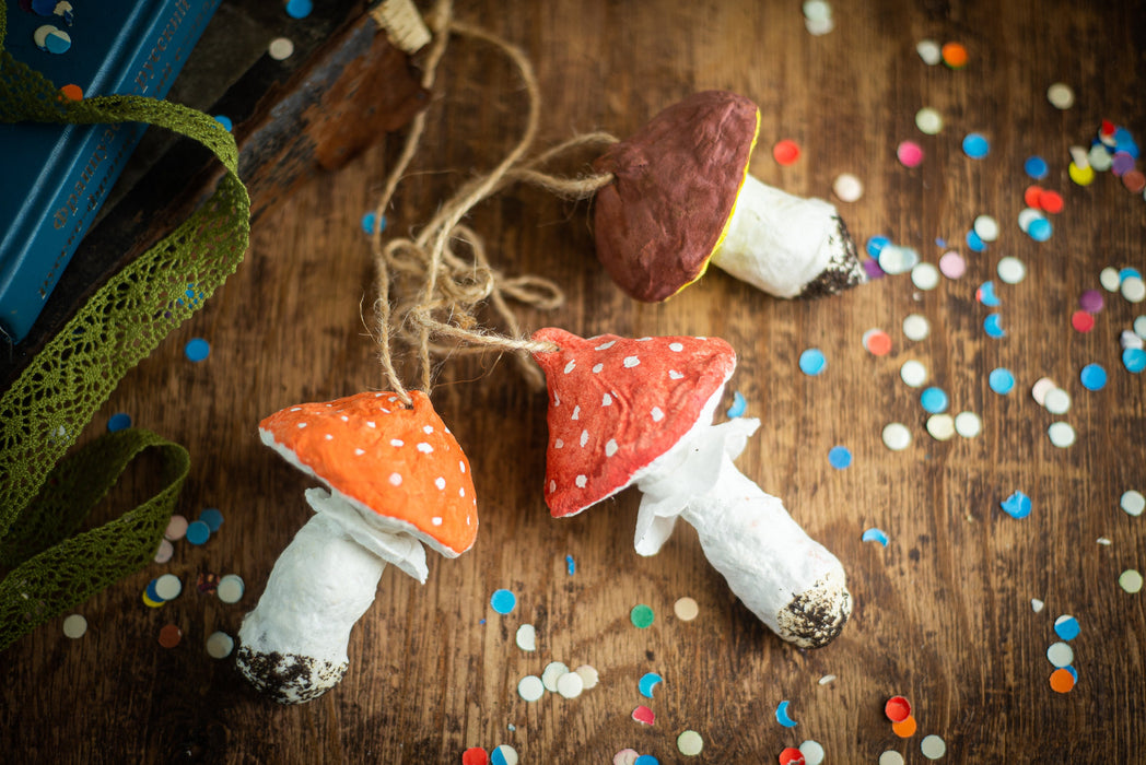 Spun Cotton Mushroom Ornaments, Handmade Fly Agaric