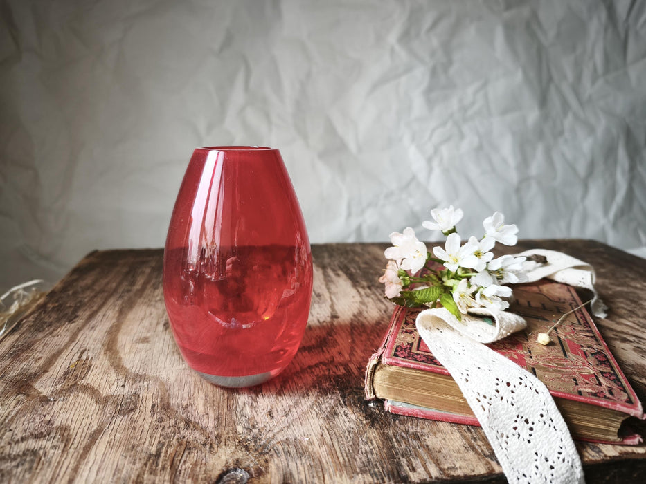 Red Glass Vase Mid Century, Small Retro Bud Vase Aesthetic Decor