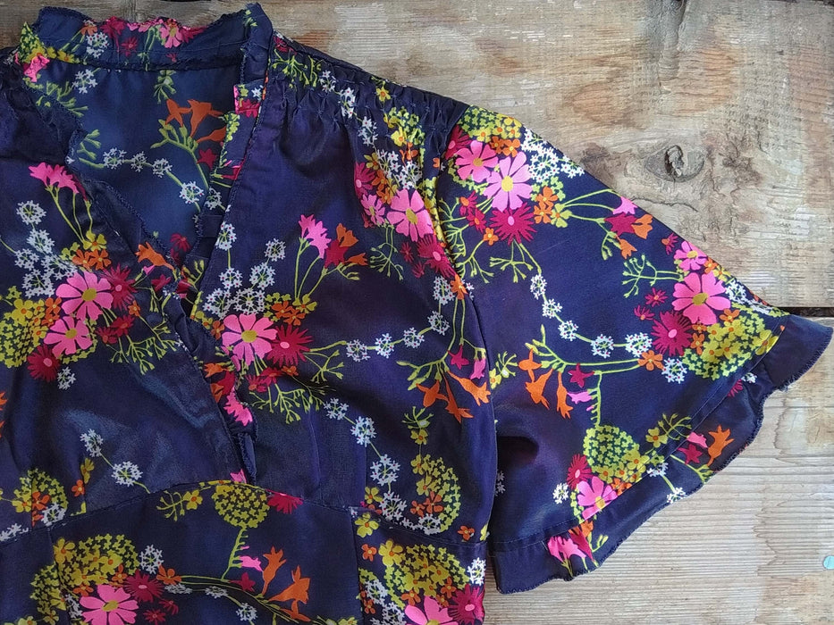 Vintage Floral Dress - Blue Satin Midi Wrap With Waisted Silhouette & Boho Style