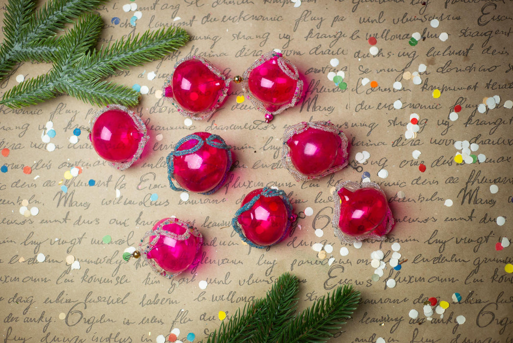 Vintage Pink Beaded Glass Ornaments – Set of 8