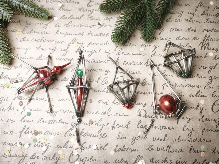 Vintage Glass Christmas Ornaments, Beaded 1950's Geometric 7-12cm