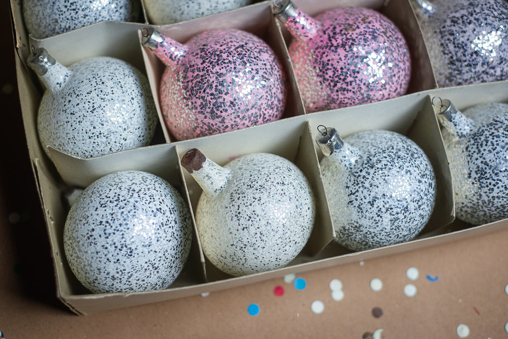 Vintage Christmas Ornaments – Set of 12 Frosted Glass Balls in Original Box