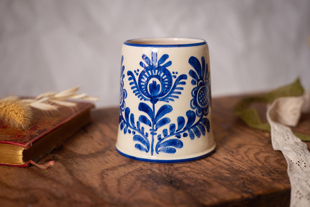 Vintage Bavarian Beer Mug Hand Painted Ceramic Stein Blue Floral Germany