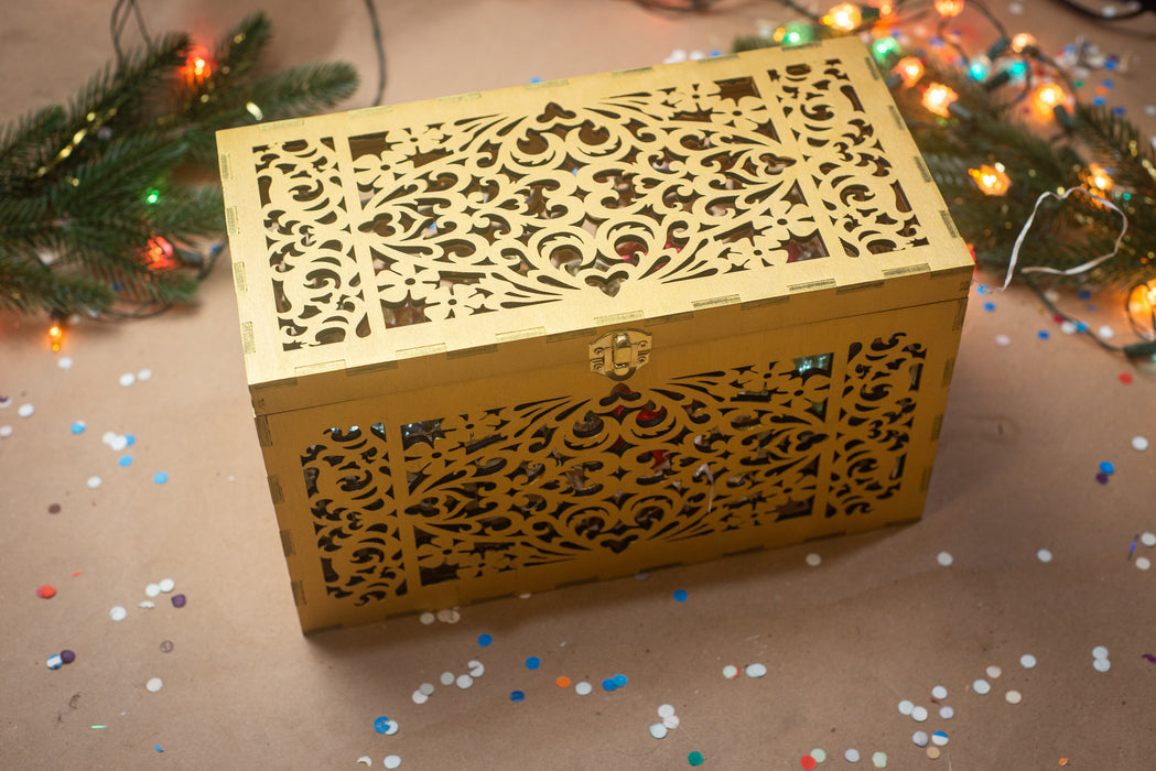 Laser Cut Wooden Keepsake Box, Gold Christmas Ornament Storage, Rustic Decor