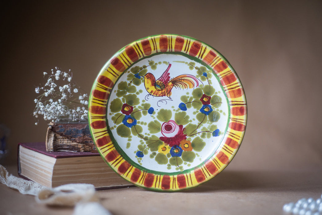 Rustic hand painted ceramic plate with flower and bird ornament, vintage, Germany