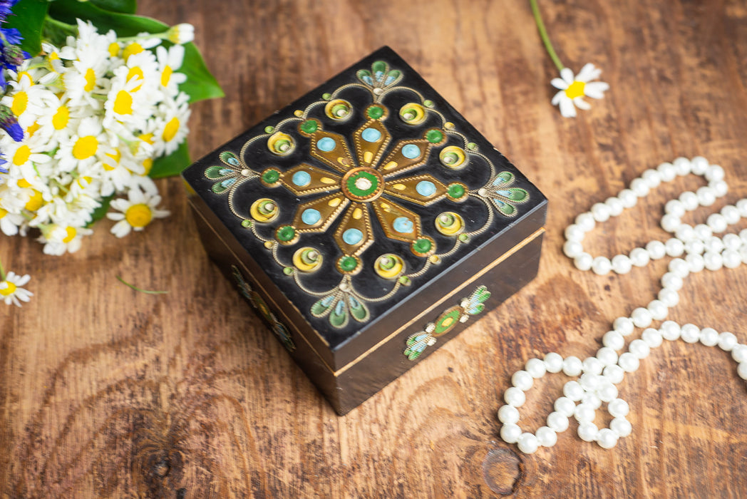Vintage Wooden Trinket Box with Floral Enamel and Brass Inlay Jewelry Storage