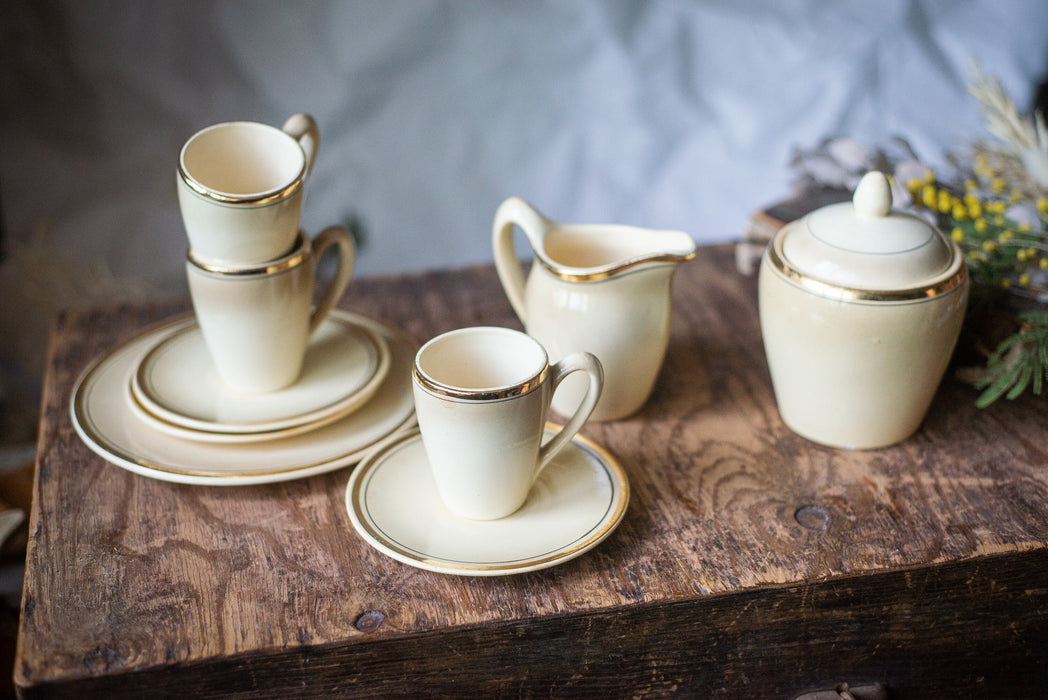 Vintage Porcelain tea set, milk jug, sugar bowl, beige gold breakfast serving set