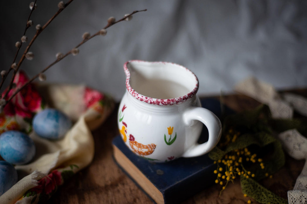 Easter table serving with Chicken Rooster Art, Vintage Ceramic Pitcher, Rustic, Farmhouse Kitchen