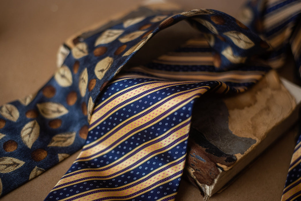 Men's Silk Tie - Vintage Striped Leaf Print Necktie | Luxury Groom Tie