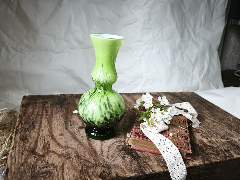 Green Glass Vase Murano Style, Mid Century Retro Aesthetic Decor