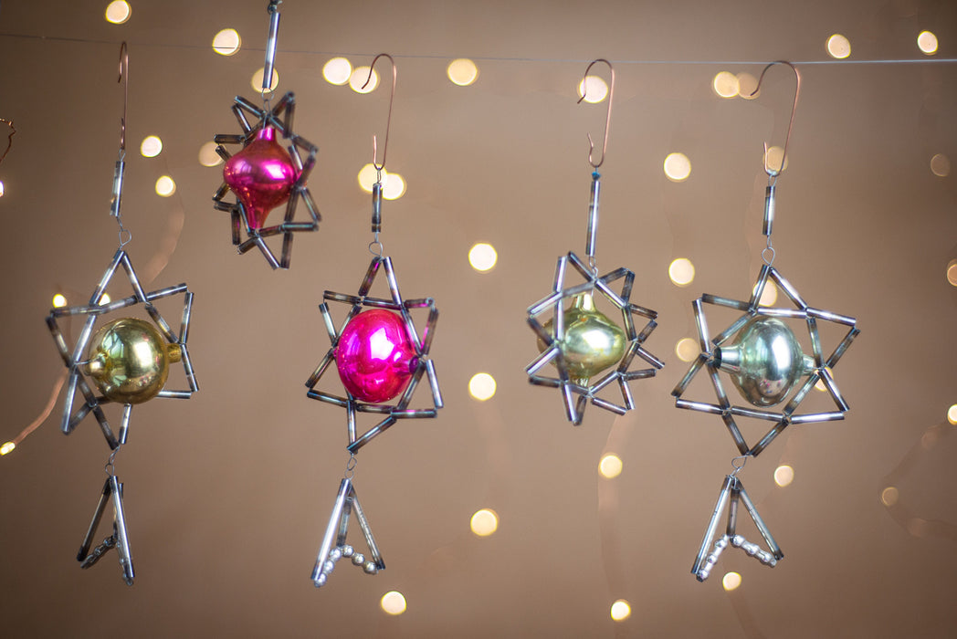 Vintage Mercury Glass Ornaments, Beaded Space Star, 1950s