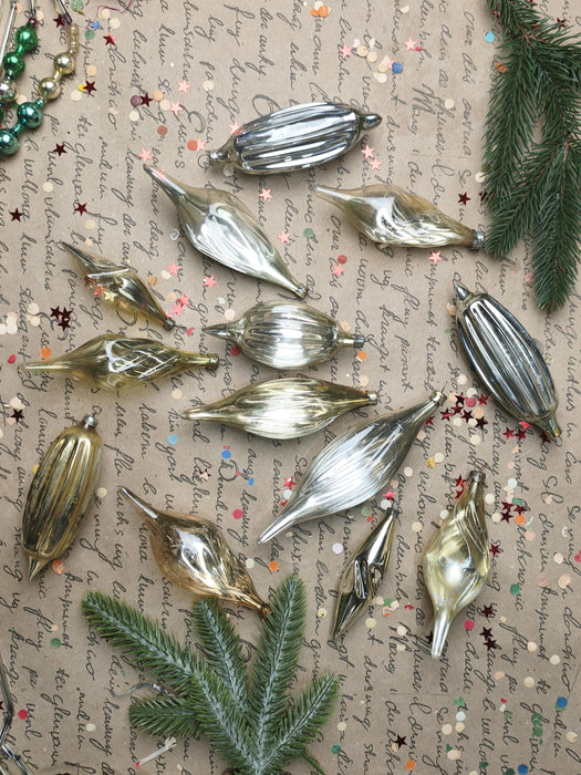 Vintage Silver Glass Christmas Ornaments, Ribbed Icicles and Lantern Bauble Sets
