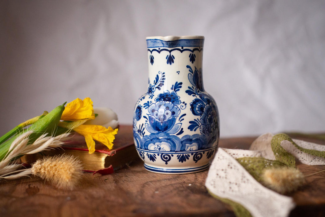 Hand-painted Delft Blue pitcher, flowers and birds, Holland Vintage Ceramic