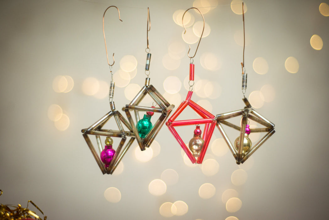 vintage glass basket ornament, 1950s Beaded Glass Bugle Bead Basket