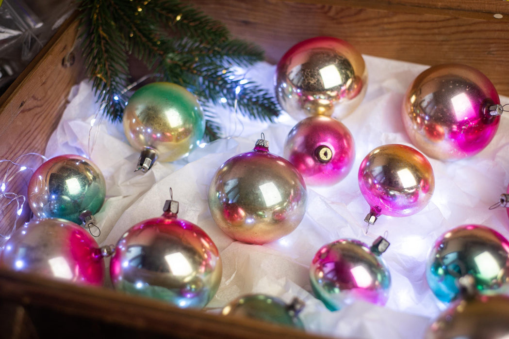Rainbow Vintage Glass Christmas Ornaments – 1970s Boho Xmas Set (3–12 pcs)