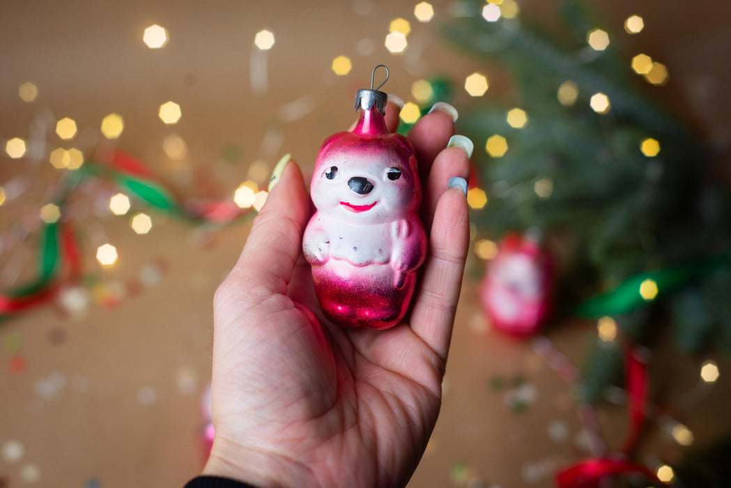 Vintage Pink Glass Bear Christmas Ornament, 1970s