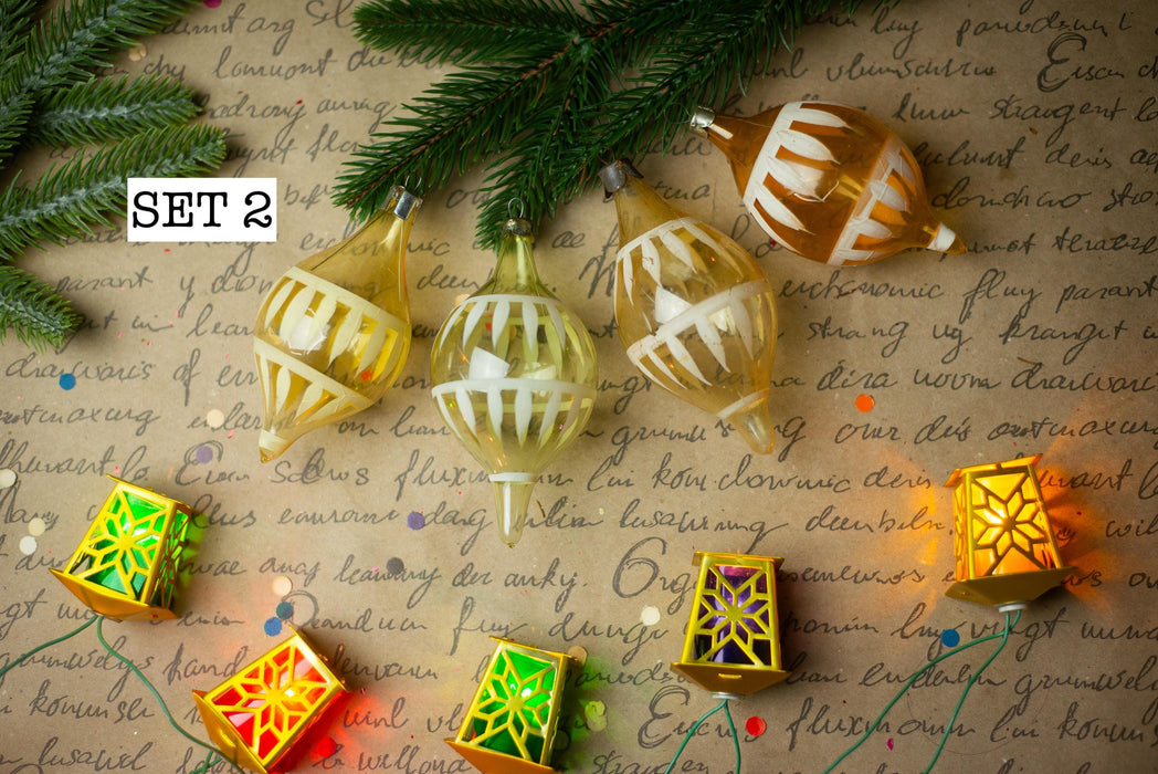 1950s Pink Yellow Glass Drop Ornaments – Set of 7