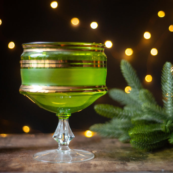 Mid-Century Green Crystal Compote Bowl: Gold Trim Vase, 1970s Decor