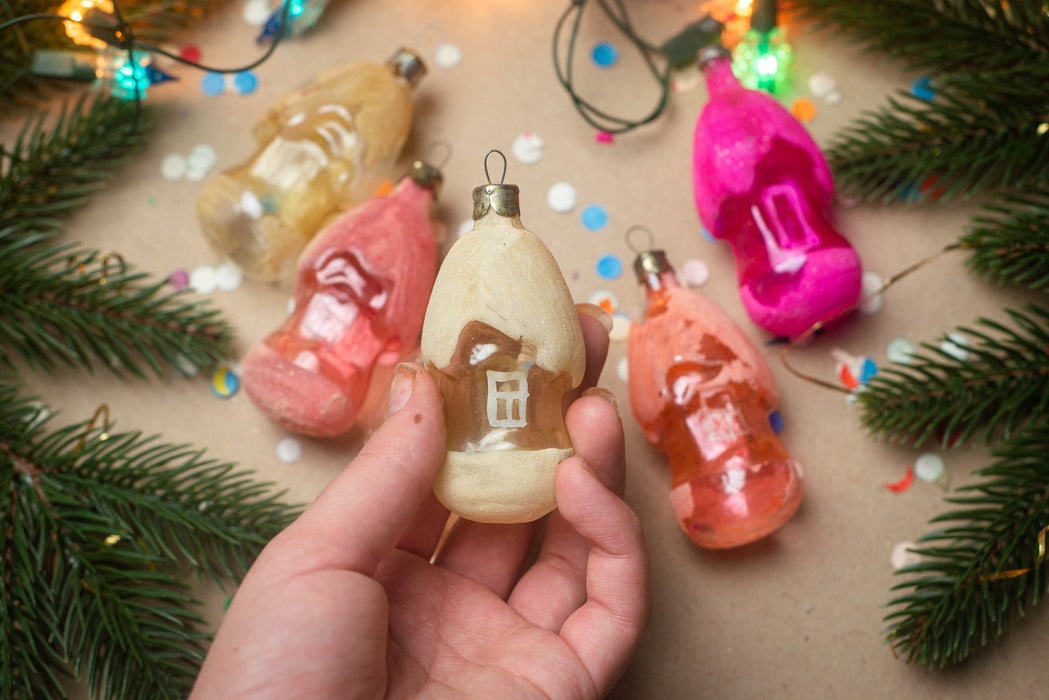 Vintage Glass House Christmas Ornaments, Frosted Retro