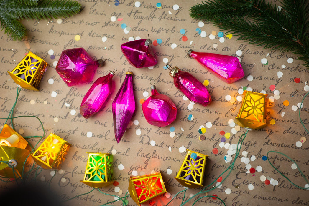 Vintage Pink Faceted Glass Christmas Ornaments Set of 7, 1950s Baubles
